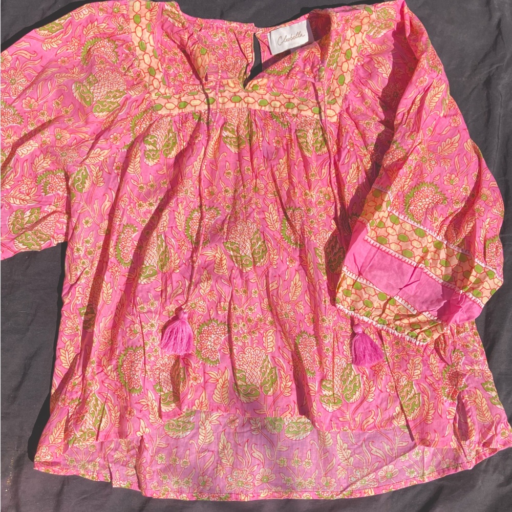 Cleobella Floral 3/4 Sleeve Flowy Top - Pink and Green